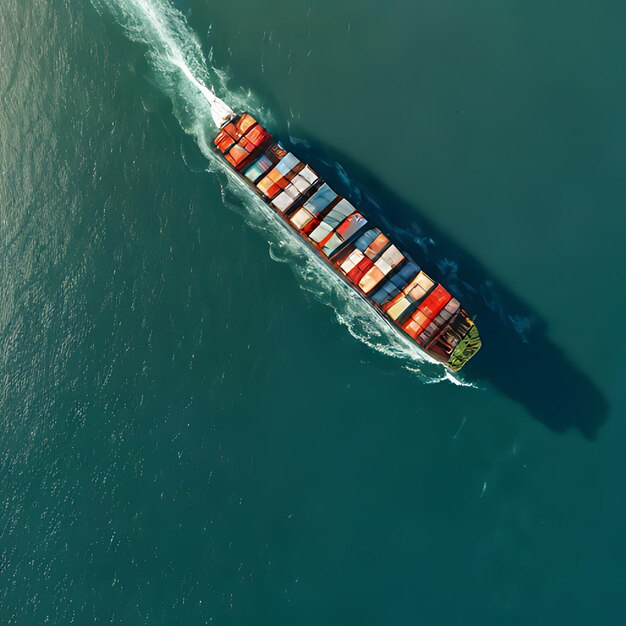 Een containerschip reist door het water.