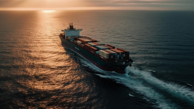 Een containerschip vaart bij zonsondergang in de oceaan.