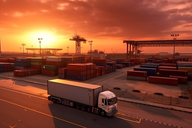 Een containervrachtwagen passeert het logistieke distributiecentrum. Buitenlandse import export concept