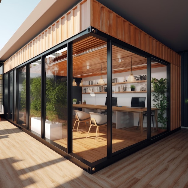 Een containerwoning met een houten vloer en een groot raam