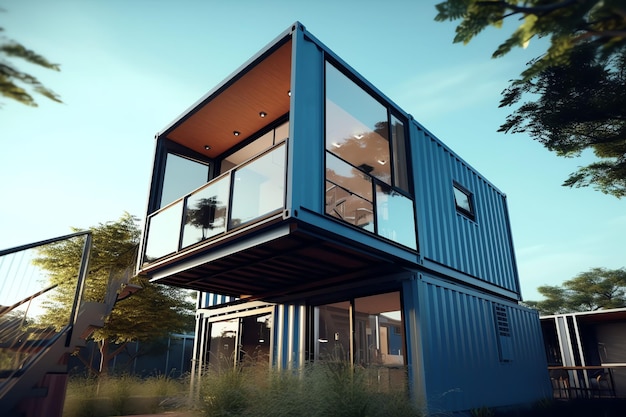 Foto een containerwoning op een perceel van 2 verdiepingen, modern containerhuiscafé of restaurant