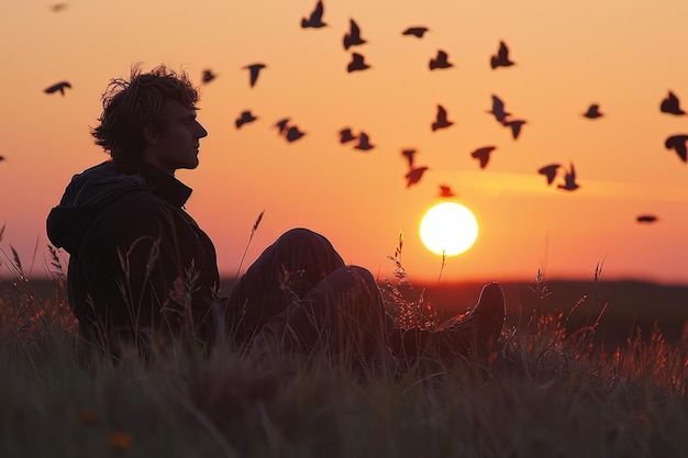 Een contemplatieve man die de zonsopgang in het midden van een zwerm vogels bekijkt