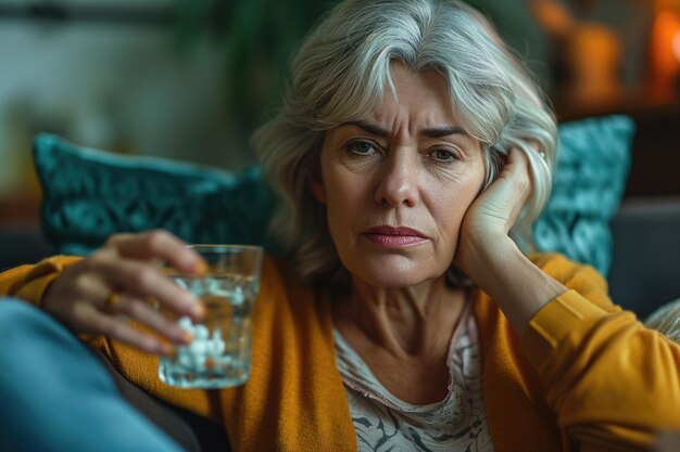 Foto een contemplatieve vrouw in een eenzame woonkamer worstelt met verdriet en migraine