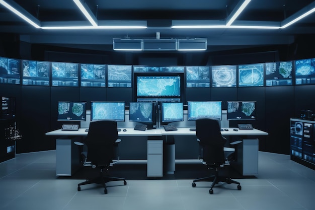Een controlekamer met meerdere monitoren en veel schermen generatieve AI
