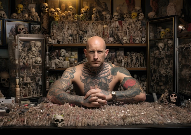 Een coole kale man die pronkt met zijn tattoo-collectie