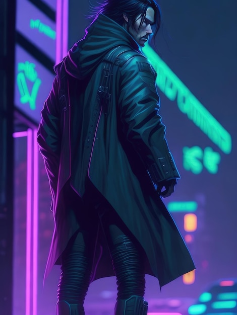 Een coole kerel in een cyberpunk stad in straatkleding.