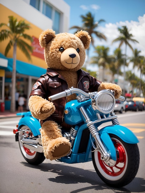 Een coole teddybeer met een fiets die door de levendige straten van Ocean Drive Avenue suist