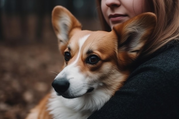 Een corgi-hond in de armen van een gezichtsloos meisje Het concept van een man en een hond die maatjes worden