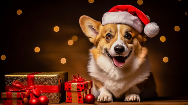 een corgi hond in een kerstmanhoed op een rode achtergrond in de studio met nieuwjaarsgeschenken Ruimte voor tekstbanner