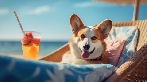 Een Corgi ligt op het strand met een cocktail in een ligstoel ontspanningsvakantie AI Generated