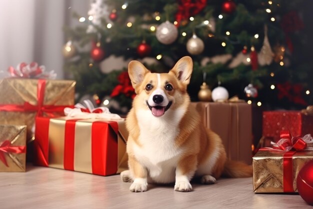 Een corgi met een kerstmanhoed zit onder een nieuwjaarsboom met cadeautjes