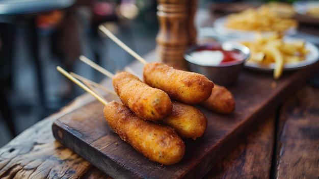 Een corndog, een klassiek Amerikaans junkfood, staat op de tafel in het straatcafé.