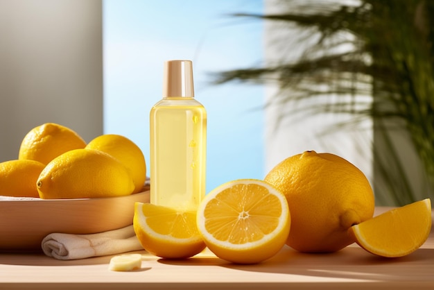 Een cosmetisch flesje product voor huidverzorging mockup Natuurlijke ingrediënten citroen natuurlijke cosmetica AI