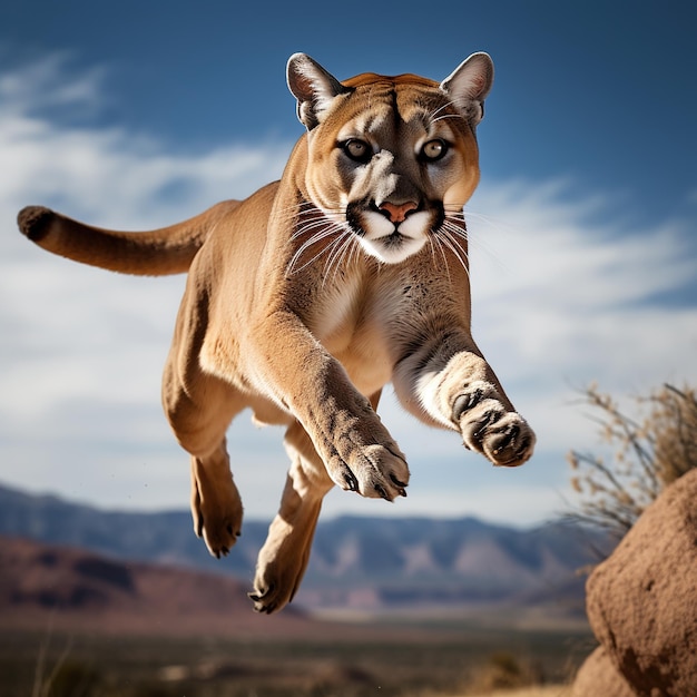 Een cougar loopt in de lucht in de woestijn.