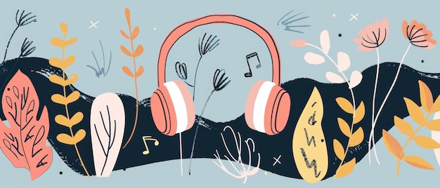 Foto een cover voor een podcast koptelefoon met likes en emojis een moderne collage met texturen doodles en blauwe kleuren