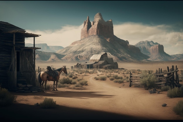 Een cowboy en zijn paard staan voor een berg.