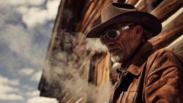 Een cowboy met een leren jas en een beschermbril repareert een stoompijp aan de zijkant van het boerderijhuis.