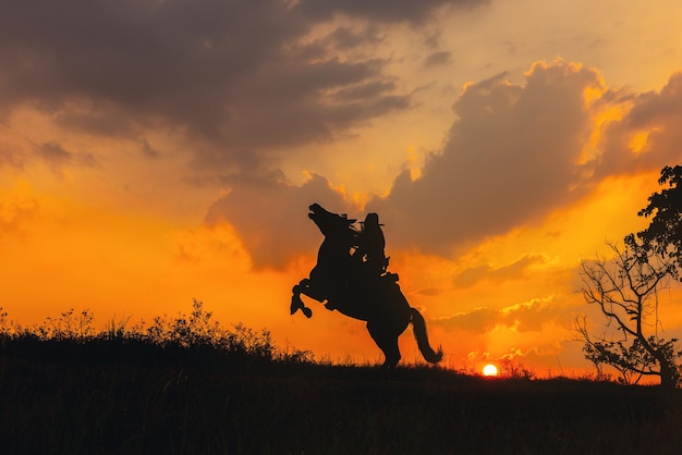 Een cowboy op een paard dat opspringt en een rijpaard afgetekend tegen de zonsondergang