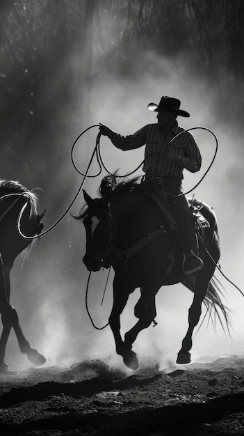 Foto een cowboy rijdt op een paard en lasso't een andere ai