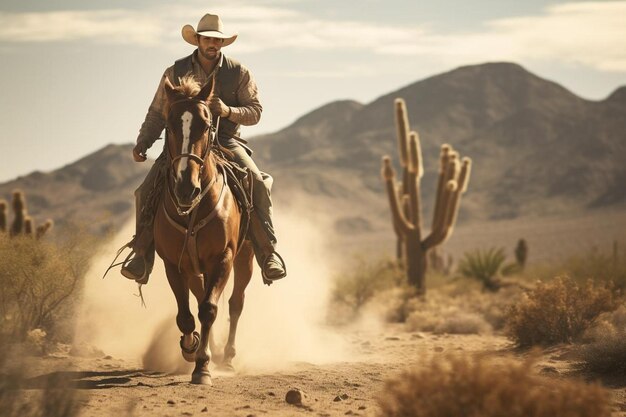 Een cowboy rijdt op een paard in de woestijn.