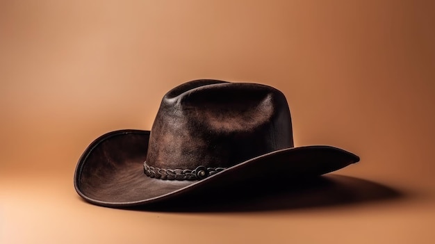 Een cowboyhoed staat op een bruine achtergrond met het woord cowboy erop.