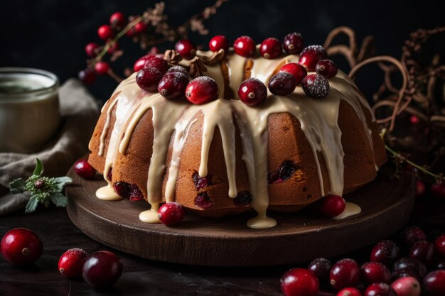 Een cranberry bundt cake met veenbessen erop