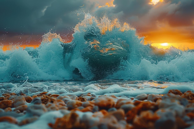 Een creatieve en artistieke foto van een brekende golf op een rotsachtige kust