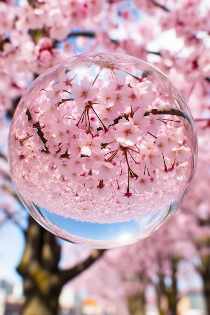 Een creatieve foto van kersenbloesems door de lens van een kristallen bol