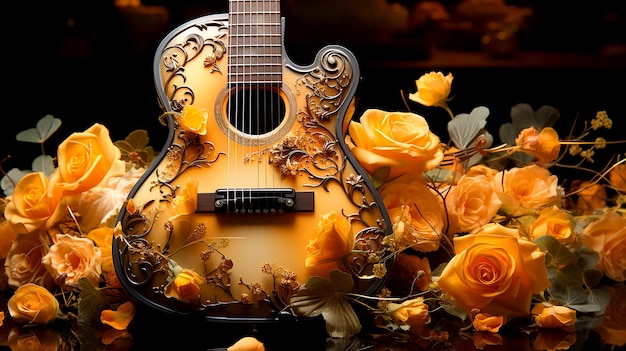 Een creatieve gitaar wordt gemaakt van de rozenbloem