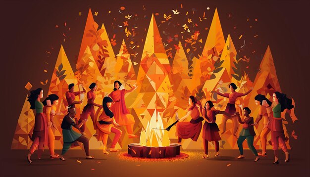 een creatieve illustratie van het Lohri-festival met een fusie van moderne en traditionele elementen