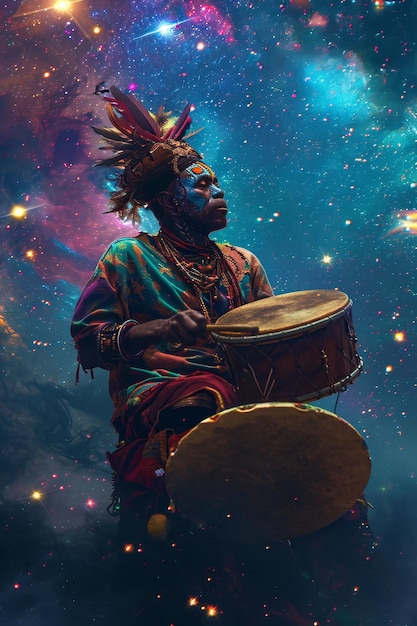 Een creatieve man speelt drums op een abstracte achtergrond.