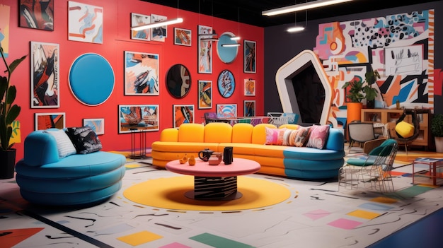Een creatieve ruimte belichaamd met Memphis ontwerp met gedurfde levendige kleuren en grafische patronen AI gegenereerde illustratie