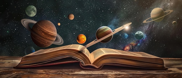 Een creatieve weergave van het zonnestelsel uit een open boek