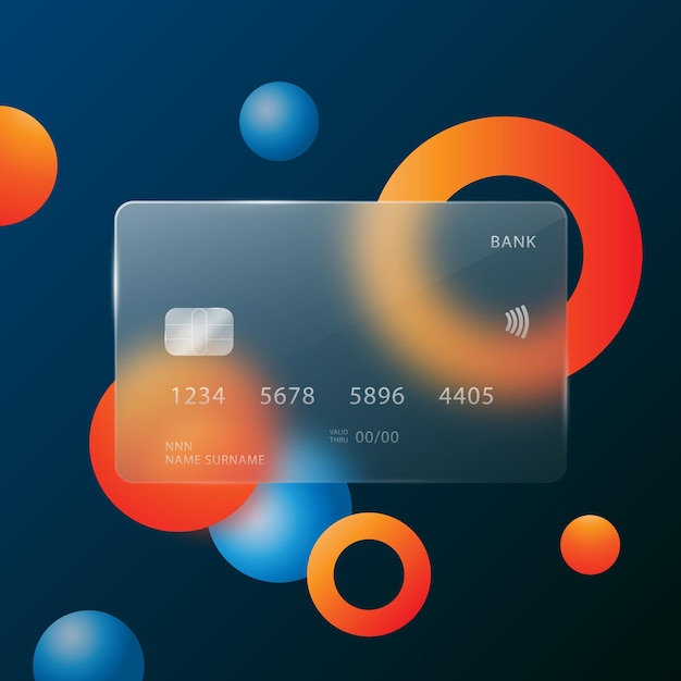 Een creditcard in de stijl van glasmophism op een abstracte donkerblauwe achtergrond