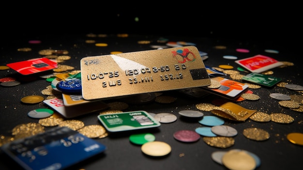 een creditcard met veel munten op een donkere achtergrond een creditcard