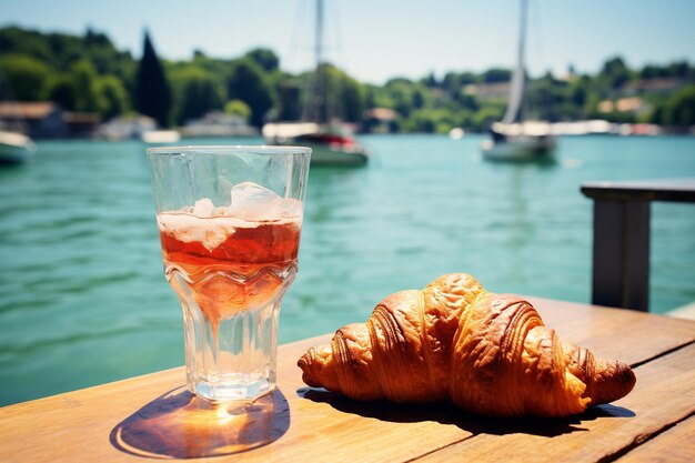 Een croissant en een glas ijstee op een warme dag.