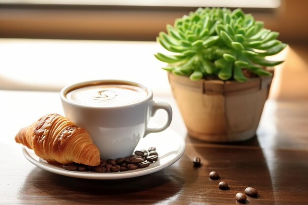 Een croissant en een kleine sappige plant op een café tafel