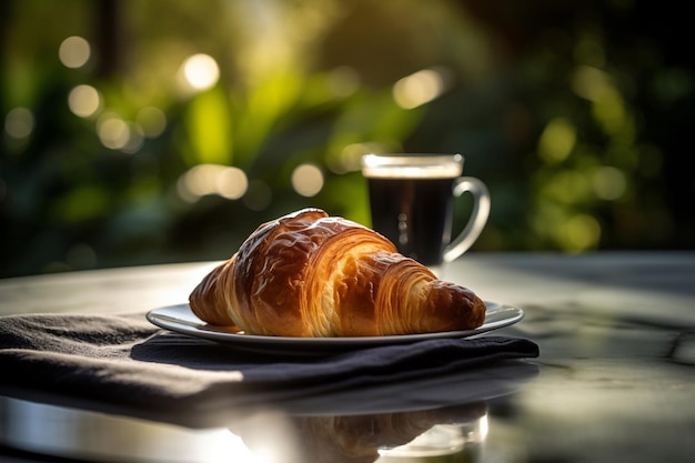 Een croissant en een kopje koffie staan op een tafel voor een groene achtergrond.