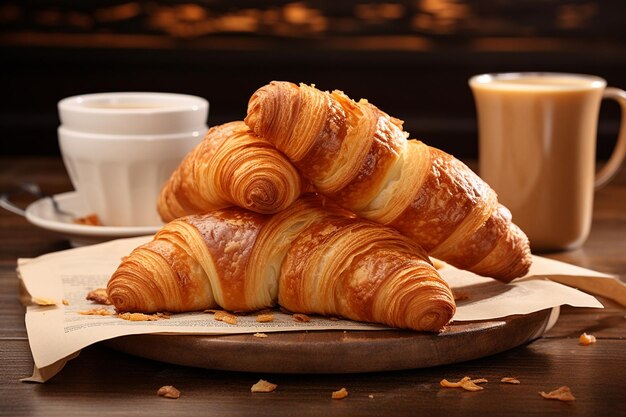 Een croissant en een stapel frisse kranten.