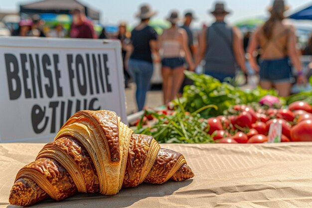 Foto een croissant met een bruisende boerenmarkt als achtergrond