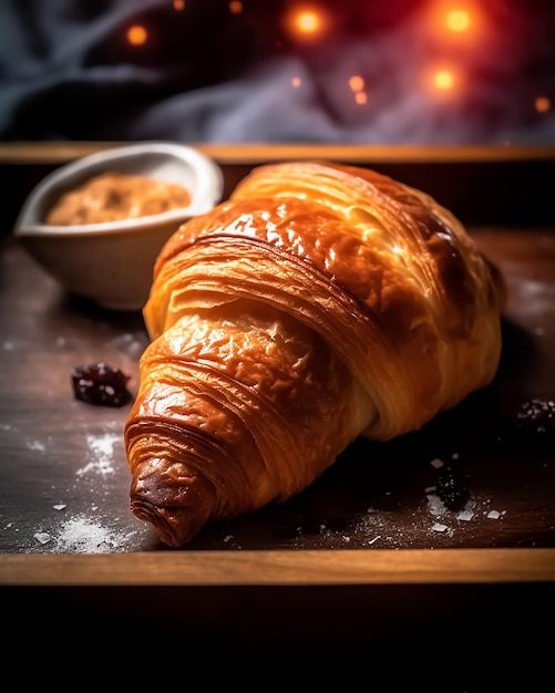 Een croissant met een kom croissants op tafel