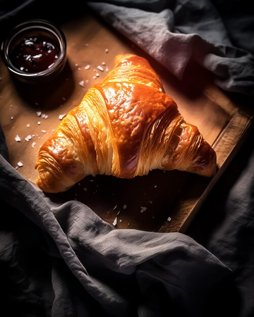 Een croissant met een kopje jam op een houten bord