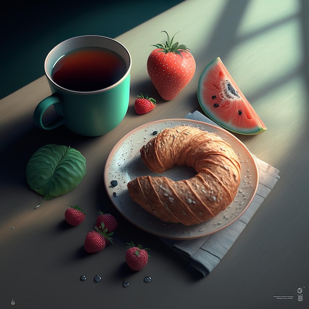 Een croissant op een bord met een kopje thee en een aardbei op tafel.