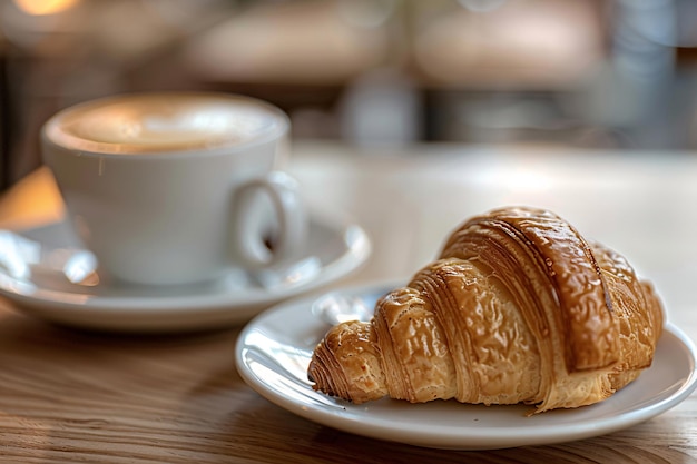 een croissant op een bord naast een kop koffie