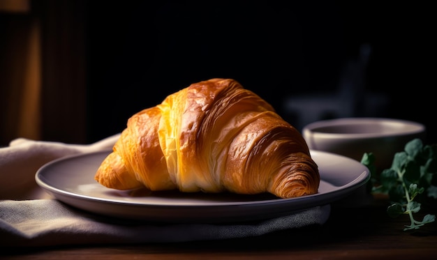 Een croissant op een bord naast een kop koffie