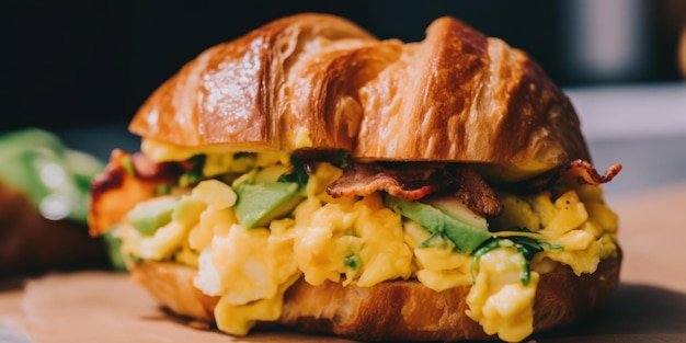 Een croissantsandwich met eieren, spek en avocado-generatief ai-beeld