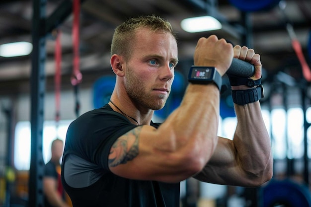 Een crossfitter die een fitnesstracker gebruikt voor workout generatieve ai