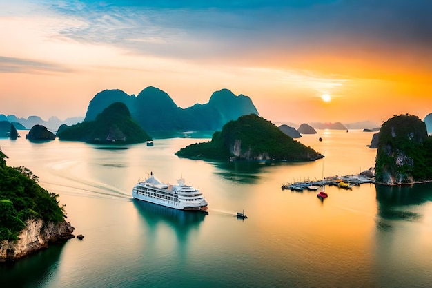 een cruiseschip is aangemeerd in de baai bij zonsondergang