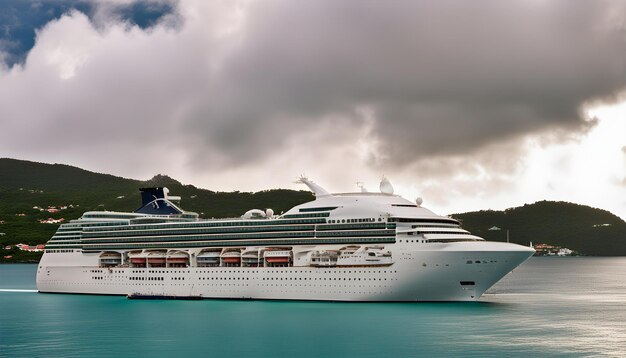 een cruiseschip is aangemeerd in het water met een berg op de achtergrond