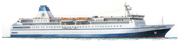 Een cruiseschip met een blauwe streep